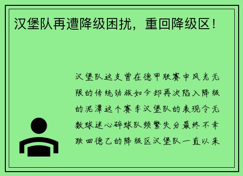 汉堡队再遭降级困扰，重回降级区！